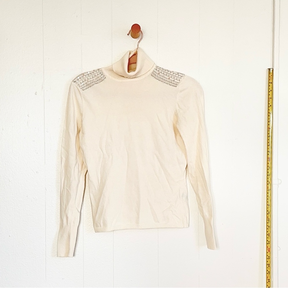2000s Vintage The Limited Cream Ribbed Long Sleeve Top with Embellished Accents